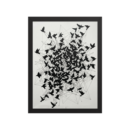 'Avian Network' — a Abstract art print. Abstract black bird silhouettes connected by intersecting lines on a white background, perfect for adding a striking modern touch to a living room.