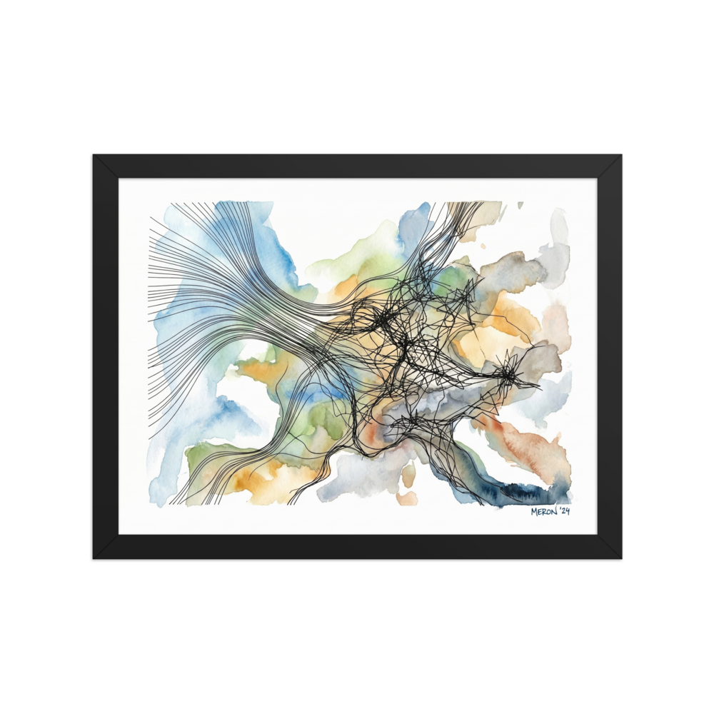 'Tangled Currents' — a Abstract art,Abstract expressionism print. Abstract watercolor painting with soft blue and green washes overlaid by a chaotic tangle of fine black ink lines, ideal for a tranquil bedroom.