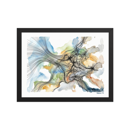 'Tangled Currents' — a Abstract art,Abstract expressionism print. Abstract watercolor painting with soft blue and green washes overlaid by a chaotic tangle of fine black ink lines, ideal for a tranquil bedroom.