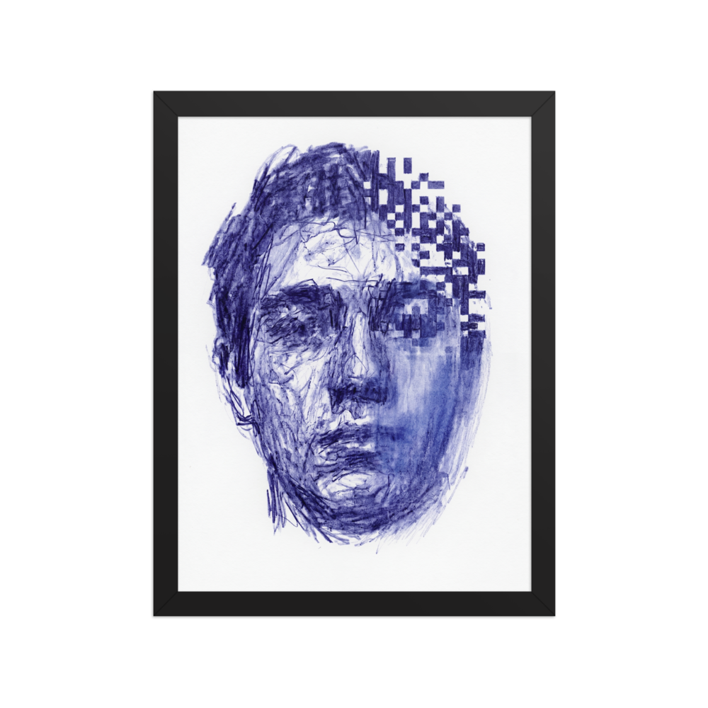 'Digital Dissolution' — a Glitch art,Surrealism print. Surreal blue ink portrait of a face partially disintegrating into digital pixels, a thought-provoking addition to an office or game room.
