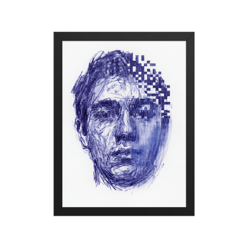 'Digital Dissolution' — a Glitch art,Surrealism print. Surreal blue ink portrait of a face partially disintegrating into digital pixels, a thought-provoking addition to an office or game room.