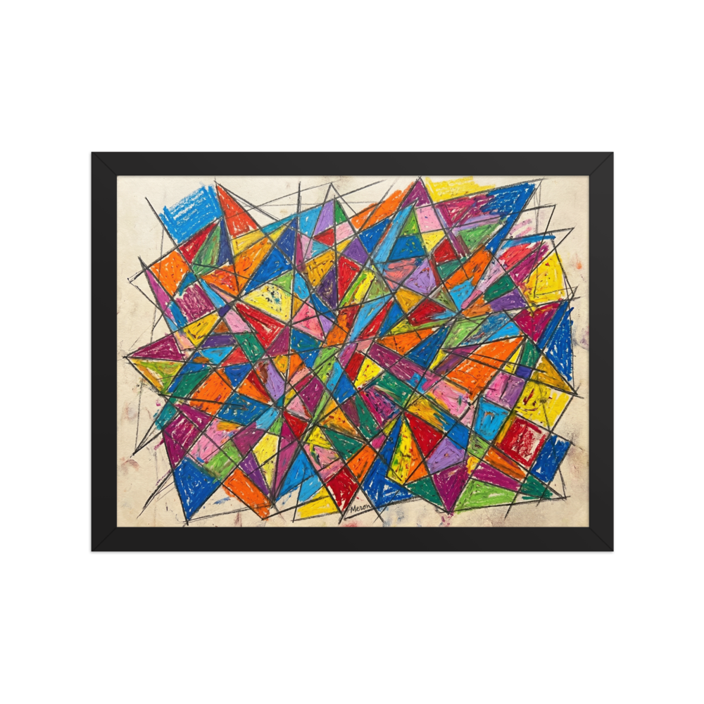 'Prismatic Chaos' — a Geometric abstract art,Cubism print. Brightly colored geometric abstract painting with intersecting triangles and thick black lines, perfect for a lively playroom.