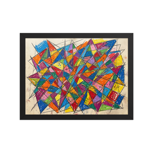 'Prismatic Chaos' — a Geometric abstract art,Cubism print. Brightly colored geometric abstract painting with intersecting triangles and thick black lines, perfect for a lively playroom.