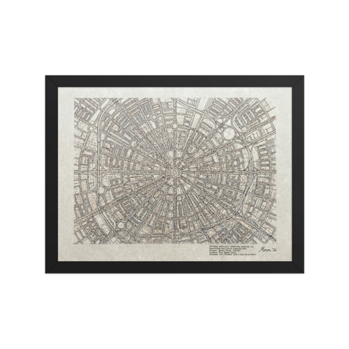 'Optimal Gridlock' — a Conceptual art,Precisionism print. Intricate hand-drawn circular city map with radiating streets, an absorbing architectural piece perfect for an office or library.