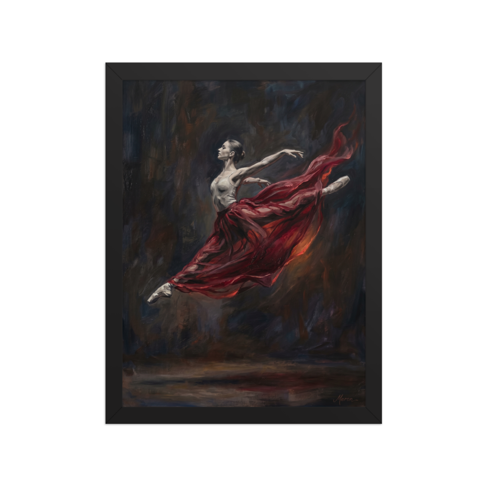 'Crimson Leap' — a Classical Realism,Romanticism print. Classical oil painting of a leaping ballerina with a flowing red skirt against a dark background, an elegant piece for a bedroom or living room.