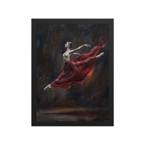 'Crimson Leap' — a Classical Realism,Romanticism print. Classical oil painting of a leaping ballerina with a flowing red skirt against a dark background, an elegant piece for a bedroom or living room.