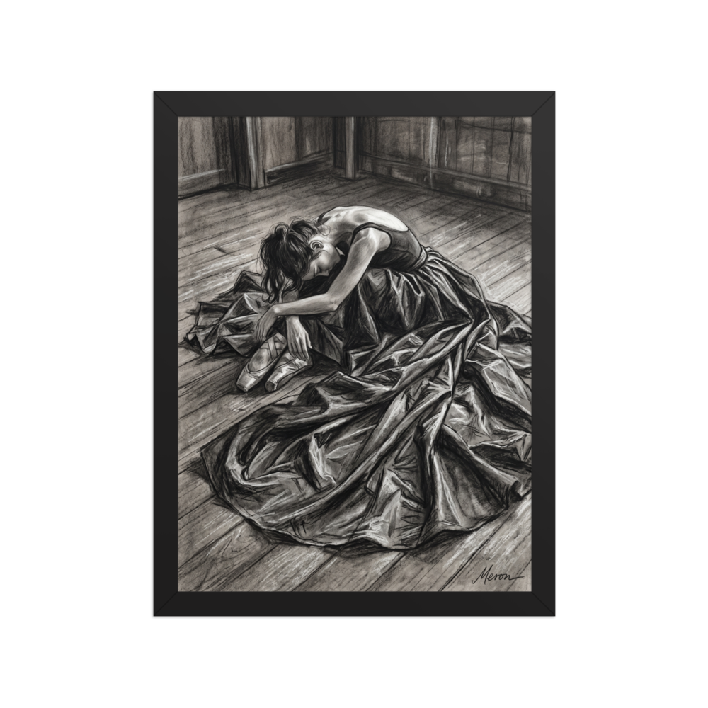 'Quiet Exhaustion' — a Realism,Figurative art print. Emotional charcoal drawing of an exhausted ballerina resting on a wooden floor, a moving artwork suitable for a bedroom or studio.