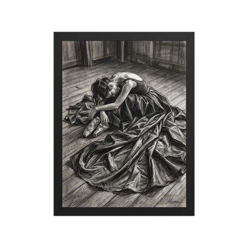 'Quiet Exhaustion' — a Realism,Figurative art print. Emotional charcoal drawing of an exhausted ballerina resting on a wooden floor, a moving artwork suitable for a bedroom or studio.
