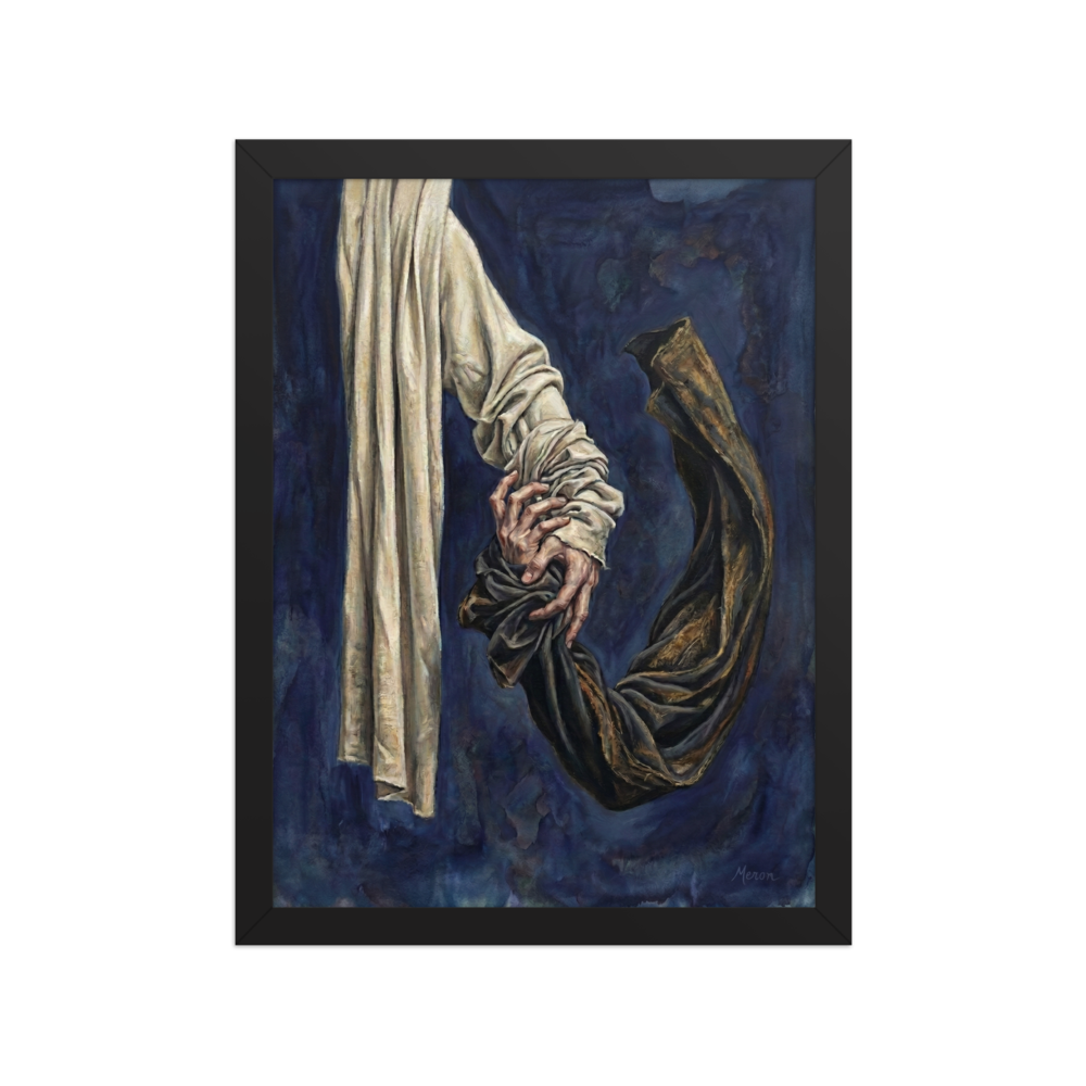 'Tethered Grasp' — a Realism,Surrealism print. Detailed oil painting of two hands gripping light and dark fabric against a dark blue background, an intense and emotional artwork.