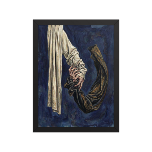 'Tethered Grasp' — a Realism,Surrealism print. Detailed oil painting of two hands gripping light and dark fabric against a dark blue background, an intense and emotional artwork.
