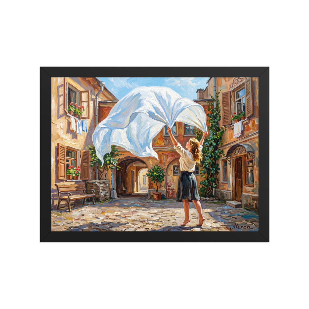 'The White Sheet' — a Impressionism print. A barefoot woman in a skirt hangs a large white sheet in a sunlit cobblestone courtyard, a perfect piece for a sunny kitchen or laundry room.