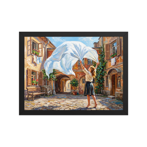 'The White Sheet' — a Impressionism print. A barefoot woman in a skirt hangs a large white sheet in a sunlit cobblestone courtyard, a perfect piece for a sunny kitchen or laundry room.