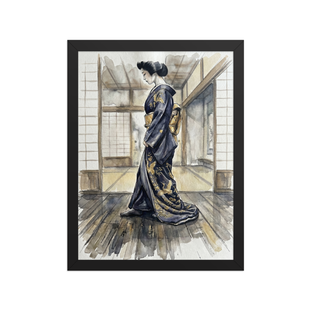 'The Golden Crane Kimono' — a Japanese art print. A woman wearing a dark blue kimono adorned with golden cranes stands in a traditional Japanese room, perfect for adding elegance to a bedroom or living room.