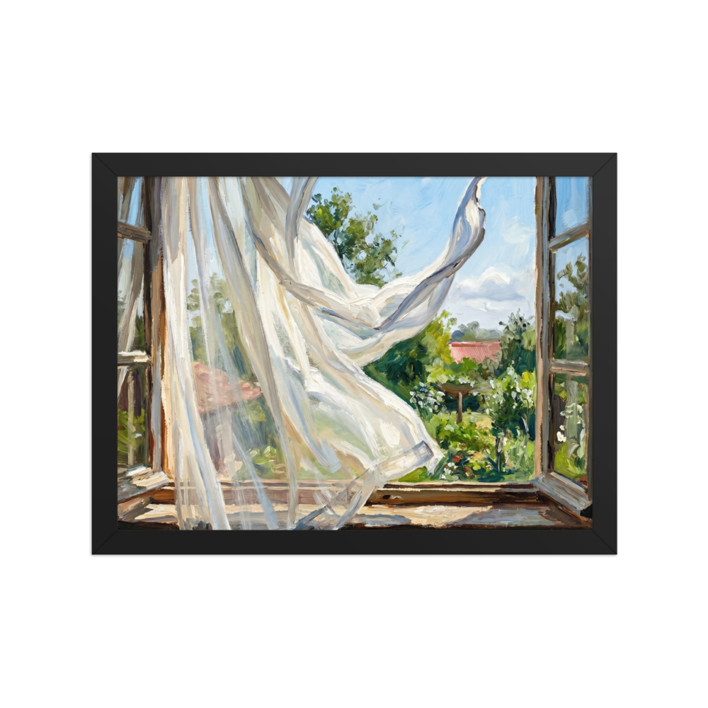 'The Open Window' — a Impressionism,Plein Air print. Sheer white curtains blow in the breeze through an open wooden window looking out onto a lush green garden, perfect for a sunny bedroom or sunroom.