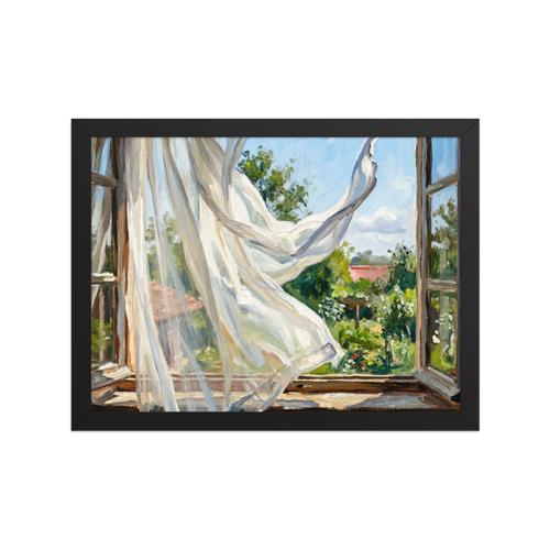 'The Open Window' — a Impressionism,Plein Air print. Sheer white curtains blow in the breeze through an open wooden window looking out onto a lush green garden, perfect for a sunny bedroom or sunroom.