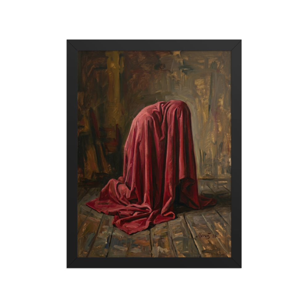 'The Red Drape' — a Baroque,Realism print. A mysterious figure completely covered in a heavy red drape kneels on a wooden floor in a dark room, adding dramatic tension to a study or living room.