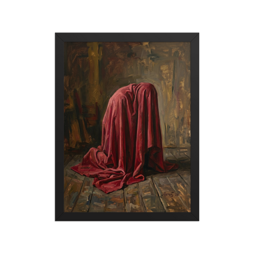 'The Red Drape' — a Baroque,Realism print. A mysterious figure completely covered in a heavy red drape kneels on a wooden floor in a dark room, adding dramatic tension to a study or living room.