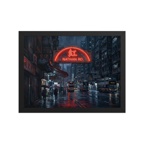 'Rainy Night on Nathan Road' — a Realism print. A vibrant red neon sign reading Nathan Rd glows over a rainy street corner in Hong Kong, with double decker buses and people holding umbrellas, perfect for an office or living room.