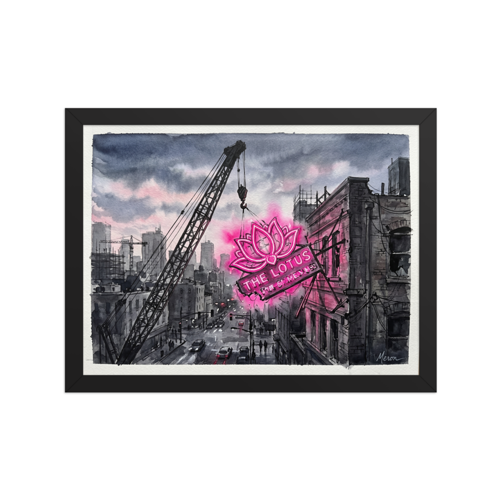 'The Lotus Sign' — a Realism,Street art print. A glowing pink neon lotus sign stands out against a grayscale watercolor cityscape with a construction crane, perfect for a modern office or living room.