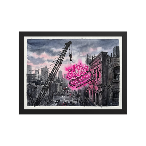 'The Lotus Sign' — a Realism,Street art print. A glowing pink neon lotus sign stands out against a grayscale watercolor cityscape with a construction crane, perfect for a modern office or living room.