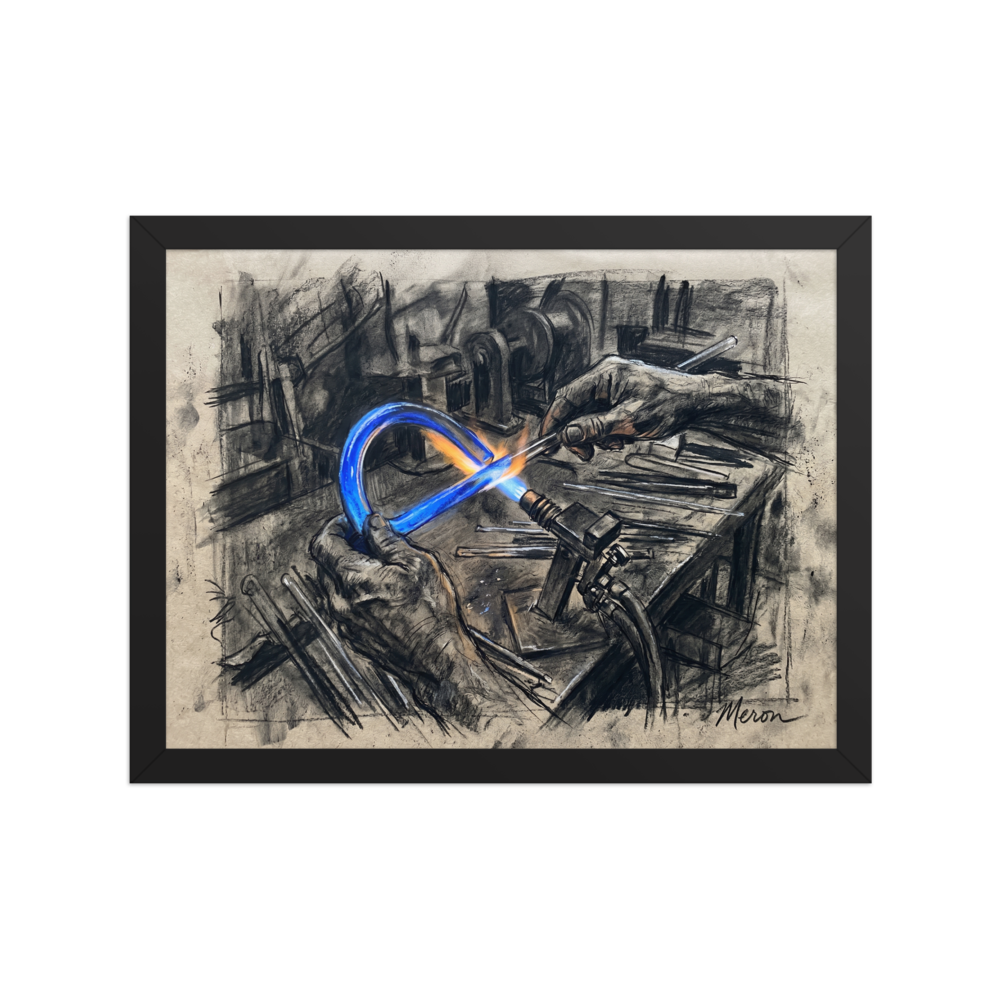 'The Neon Maker' — a Realism print. A charcoal sketch of an artist's hands using a blowtorch to bend a glowing blue neon glass tube, perfect for a studio or modern office.