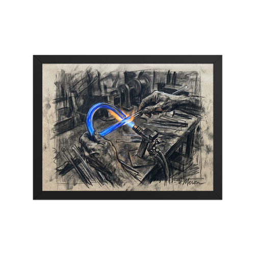 'The Neon Maker' — a Realism print. A charcoal sketch of an artist's hands using a blowtorch to bend a glowing blue neon glass tube, perfect for a studio or modern office.