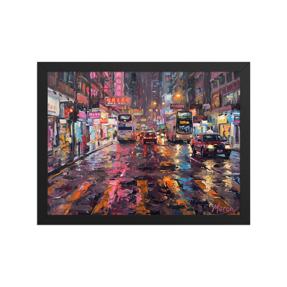 'Neon Night Reflections' — a Impressionism print. A vibrant impasto oil painting of a busy neon-lit city street at night with cars and buses reflecting on the wet pavement, perfect for bringing energy to an office or living room.