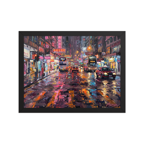 'Neon Night Reflections' — a Impressionism print. A vibrant impasto oil painting of a busy neon-lit city street at night with cars and buses reflecting on the wet pavement, perfect for bringing energy to an office or living room.