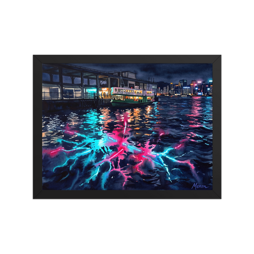 'Star Ferry Serenity' — a Impressionism print. A moody watercolor painting of the Star Ferry at night with bright neon pink and cyan reflections in the dark water, ideal for a bedroom or living room.