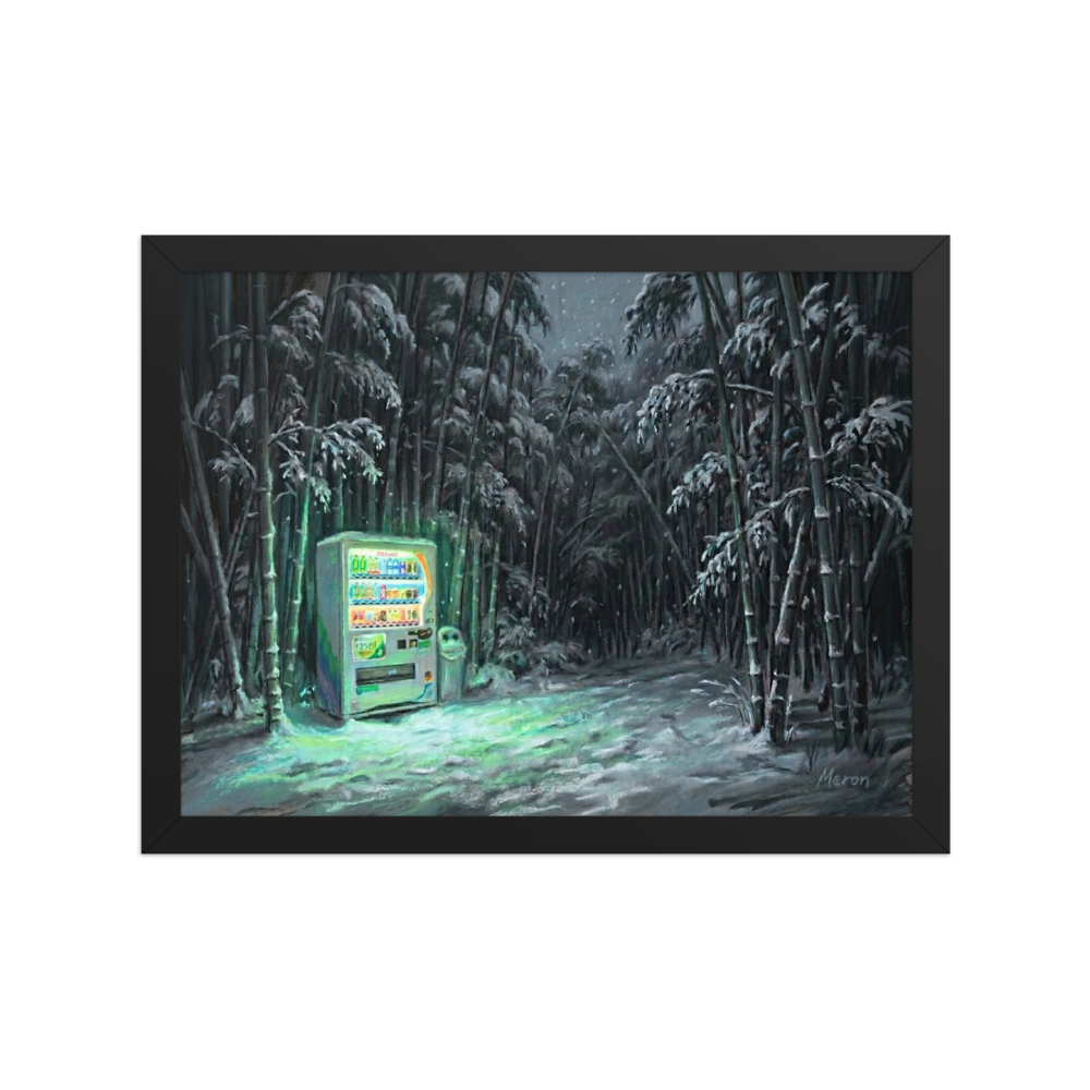'Midnight Glow in the Grove' — a Magic realism print. A moody painting of a brightly lit vending machine standing alone in a dark, snowy bamboo forest at night, perfect for a cozy den or office.