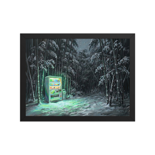 'Midnight Glow in the Grove' — a Magic realism print. A moody painting of a brightly lit vending machine standing alone in a dark, snowy bamboo forest at night, perfect for a cozy den or office.