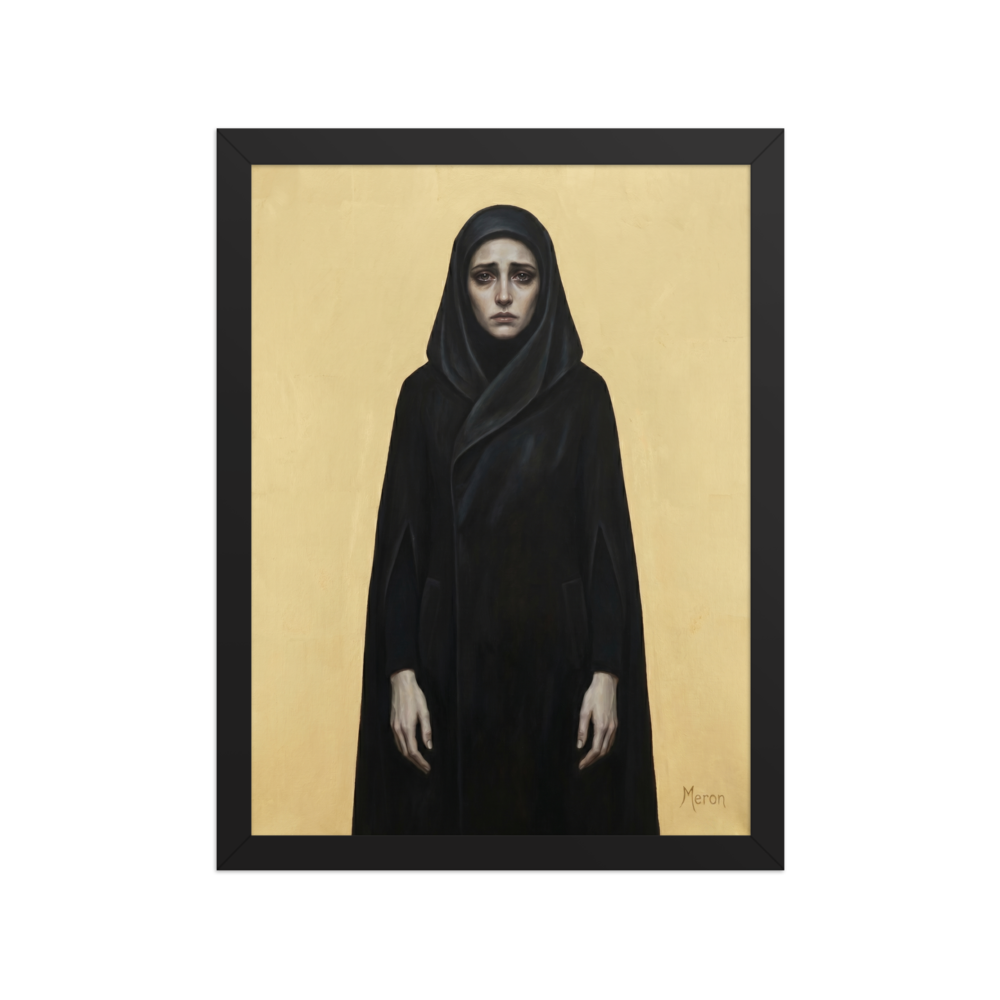 'The Grieving Matriarch' — a Figurative art,Symbolism print. A solemn woman in a dark hooded cloak against a plain gold background, ideal for a moody living room.