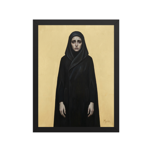 'The Grieving Matriarch' — a Figurative art,Symbolism print. A solemn woman in a dark hooded cloak against a plain gold background, ideal for a moody living room.