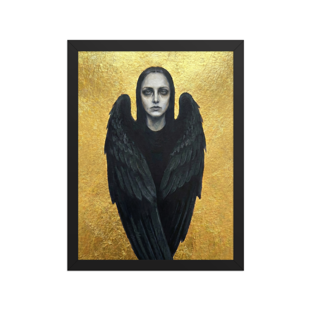 'The Dark Seraph' — a Figurative art,Symbolism print. A pale woman with black angel wings standing before a brilliant golden background, perfect for a striking entryway.