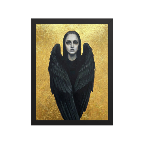 'The Dark Seraph' — a Figurative art,Symbolism print. A pale woman with black angel wings standing before a brilliant golden background, perfect for a striking entryway.