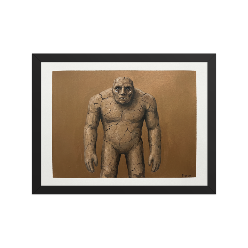 'The Weeping Golem' — a Surrealism,Figurative art print. A heavy golem figure made of cracked stone with crying eyes, ideal for a moody office or living room.