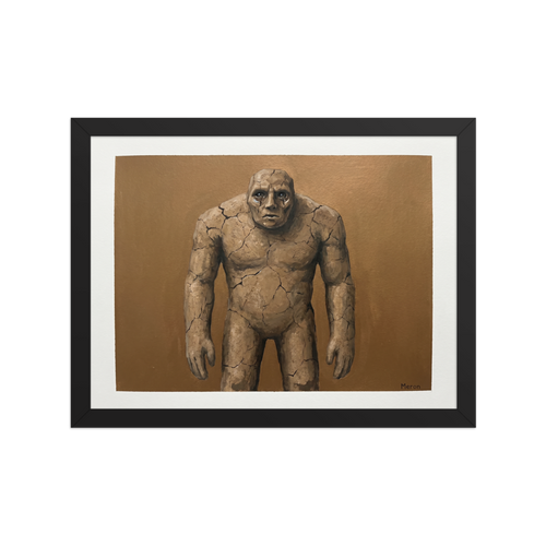 'The Weeping Golem' — a Surrealism,Figurative art print. A heavy golem figure made of cracked stone with crying eyes, ideal for a moody office or living room.