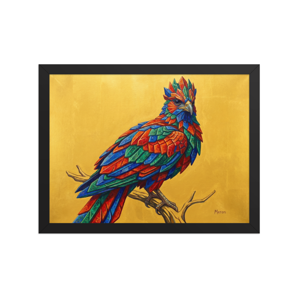 'The Gemstone Falcon' — a Geometric abstract art,Surrealism print. A vibrant bird made of geometric jewel-toned feathers sitting on a branch against a bright gold background, ideal for a lively sunroom.