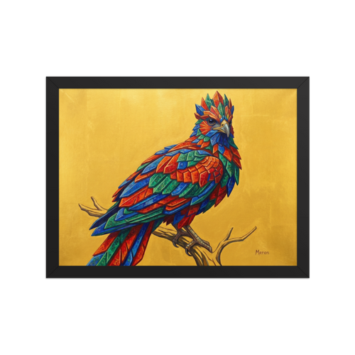 'The Gemstone Falcon' — a Geometric abstract art,Surrealism print. A vibrant bird made of geometric jewel-toned feathers sitting on a branch against a bright gold background, ideal for a lively sunroom.