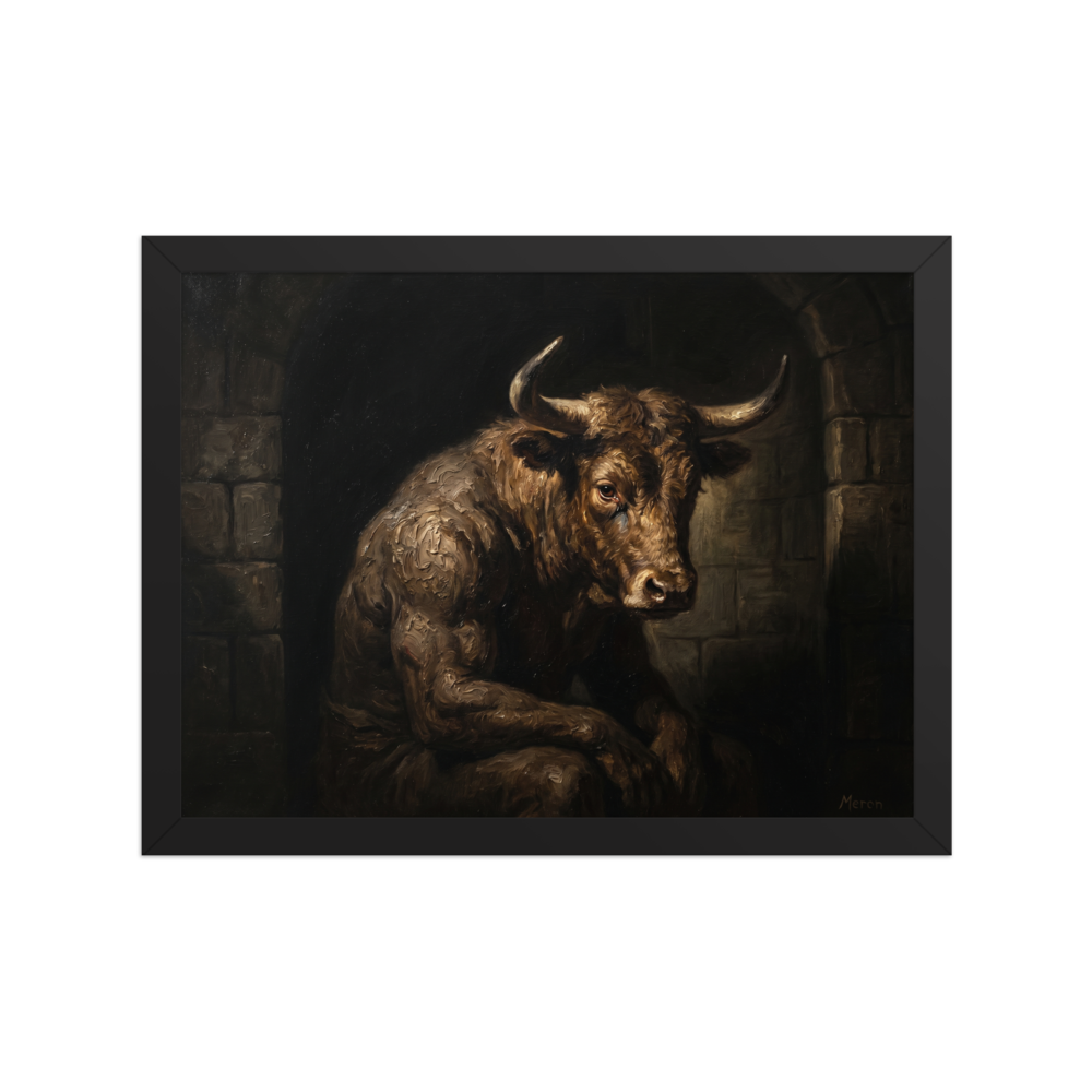 'The Captive Beast' — a Figurative art,Expressionism print. A muscular minotaur sitting sadly in a dark stone alcove, painted with thick oil textures, perfect for a man cave.