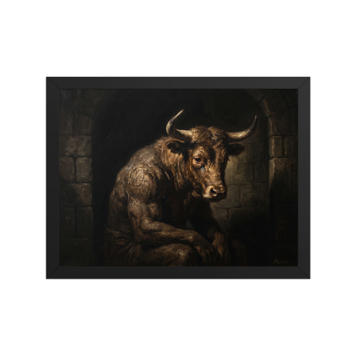 'The Captive Beast' — a Figurative art,Expressionism print. A muscular minotaur sitting sadly in a dark stone alcove, painted with thick oil textures, perfect for a man cave.