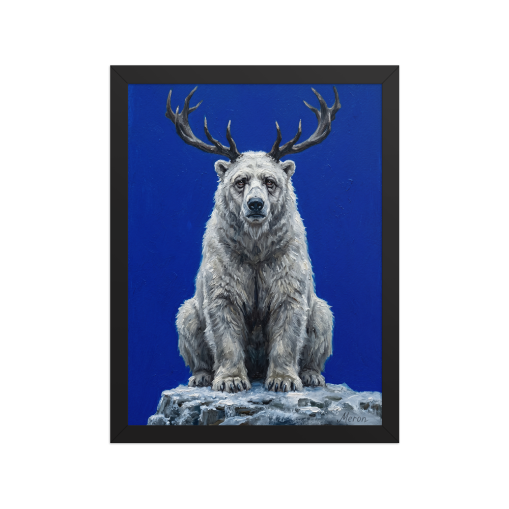 'The Horned Bear' — a Surrealism,Expressionism print. A white polar bear with deer antlers sitting on a snowy rock against a bright blue background, perfect for an eclectic living room.