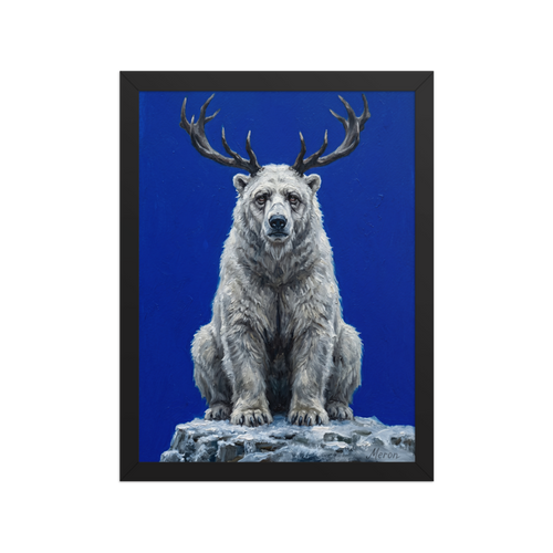 'The Horned Bear' — a Surrealism,Expressionism print. A white polar bear with deer antlers sitting on a snowy rock against a bright blue background, perfect for an eclectic living room.