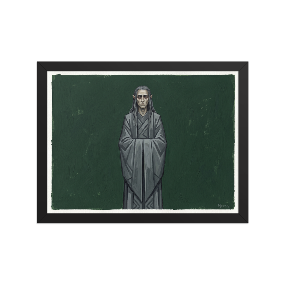 'The Somber Elf' — a Figurative art,Surrealism print. A sad pale elf with long grey hair wearing a grey robe against a dark green textured background, ideal for a moody reading room or library.