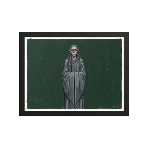 'The Somber Elf' — a Figurative art,Surrealism print. A sad pale elf with long grey hair wearing a grey robe against a dark green textured background, ideal for a moody reading room or library.