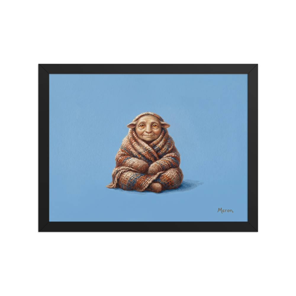'The Cozy Gnome' — a Figurative art,Magic realism print. A small cute creature with big ears wrapped in a knit blanket against a bright blue background, perfect for a cozy nursery.