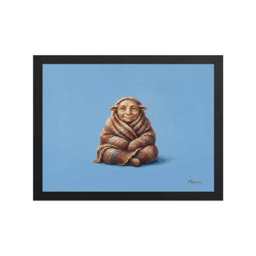 'The Cozy Gnome' — a Figurative art,Magic realism print. A small cute creature with big ears wrapped in a knit blanket against a bright blue background, perfect for a cozy nursery.