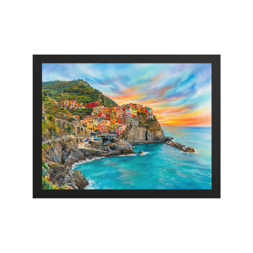 'Coastal Dreams' — a Realism,Romanticism print. A vibrant airbrush painting of a colorful cliffside coastal village overlooking turquoise ocean waters at sunset, perfect for a sunroom or bedroom.