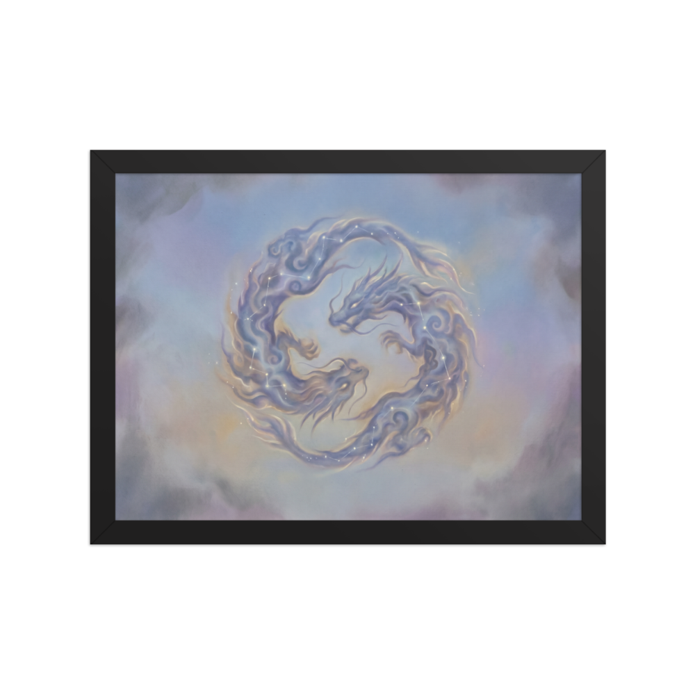 'Celestial Dragons' — a Surrealism print. A soft airbrush painting of two swirling dragons made of pastel clouds and glowing star constellations against a twilight sky, perfect for a meditation room or bedroom.