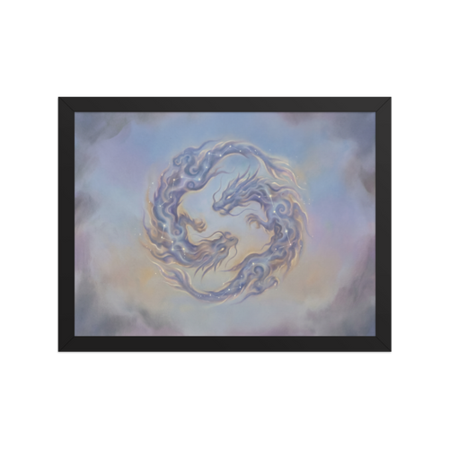 'Celestial Dragons' — a Surrealism print. A soft airbrush painting of two swirling dragons made of pastel clouds and glowing star constellations against a twilight sky, perfect for a meditation room or bedroom.
